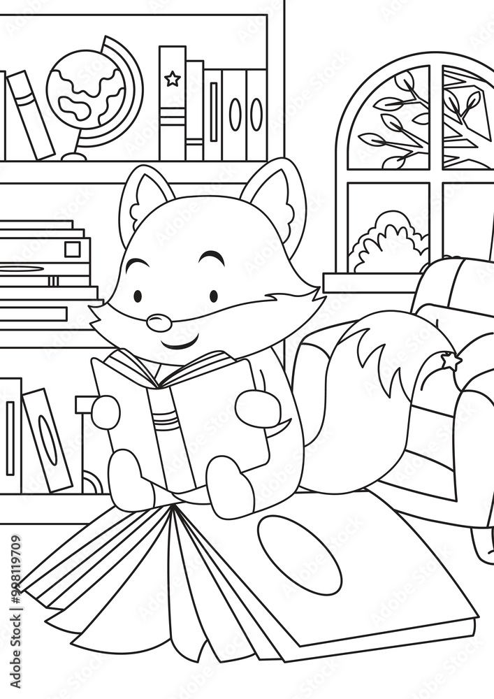 coloring page of a cute fox reading a book in the living room coloring page of a cute fox reading a book in the living room