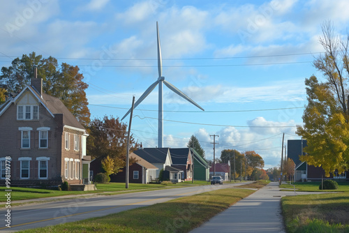 Large wind turbine standing tall over a small town in rural America, providing clean energy