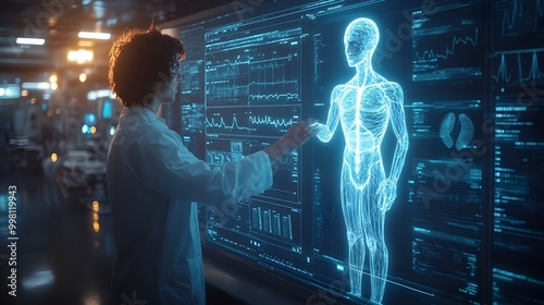 Futuristic Hospital Setting with Doctor and Collaborating on Patient Diagnosis