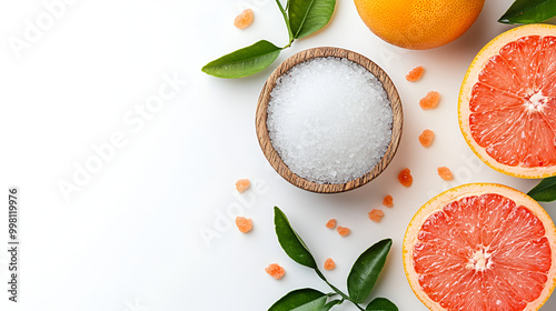 citrus fruit background, Natural citrus cosmetics. Spa salt near grapefruit on white background top view copy space .