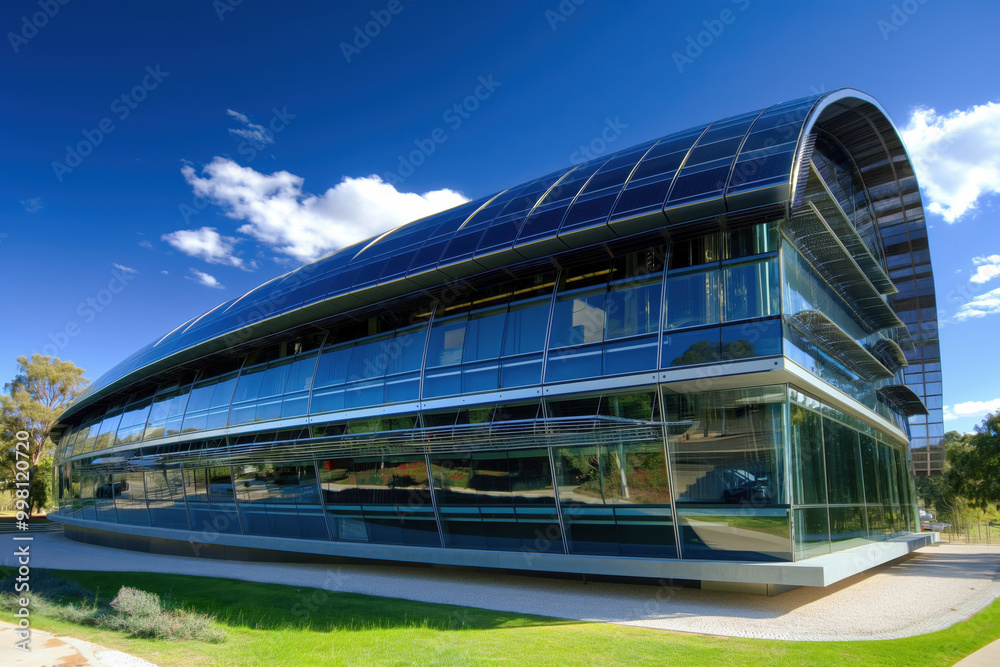 Modern, curved office building is using solar panels to generate green energy Modern, curved office building is using solar panels to generate green energy