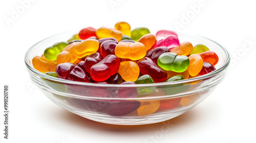 colorful jelly beans in a bowl, colorful jelly candies in bowl isolated on white background.