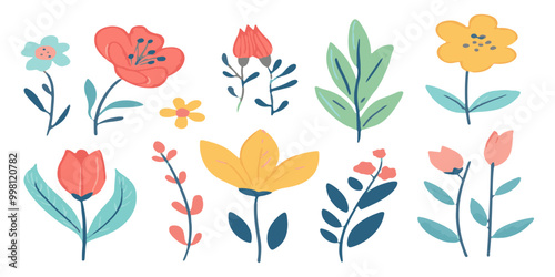 set of simple vector illustrations of wild flowers and leaves, on a white background