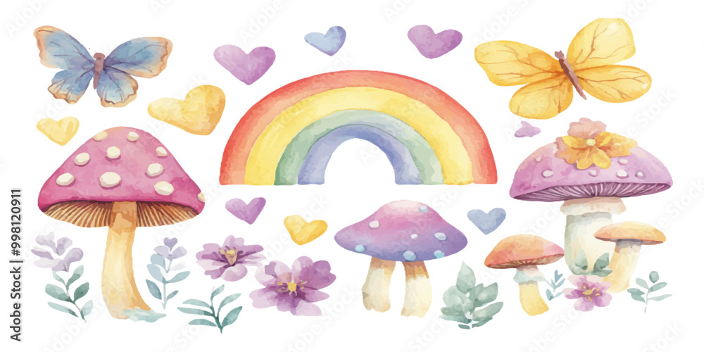Watercolor cute cartoon rainbow, mushrooms, and flowers clip art set on a white background Watercolor cute cartoon rainbow, mushrooms, and flowers clip art set on a white background