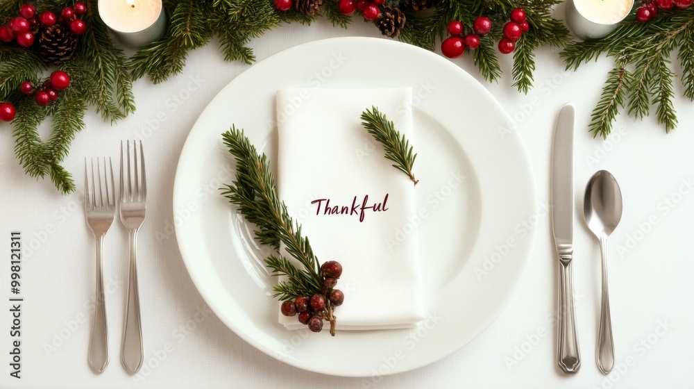 Elegant dining setup with a plate, napkin, and festive decorations conveying a sense of gratitude and holiday spirit. Elegant dining setup with a plate, napkin, and festive decorations conveying a sense of gratitude and holiday spirit.