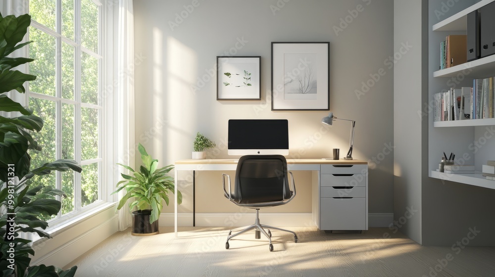 Minimalist home office with a sleek desk against the wall, small windows nearby, and neutral tones creating a serene, clutter-free space.