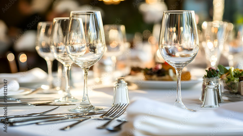 table setting for a dinner, catering table set service with silverware and glass stemware at restaurant before party. table setting for a dinner, catering table set service with silverware and glass stemware at restaurant before party.