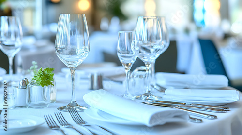 table set for a dinner, catering table set service with silverware and glass stemware at restaurant before party.