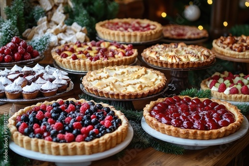 A table spread with a variety of delicious-looking fruit pies and pastries for a holiday celebration.