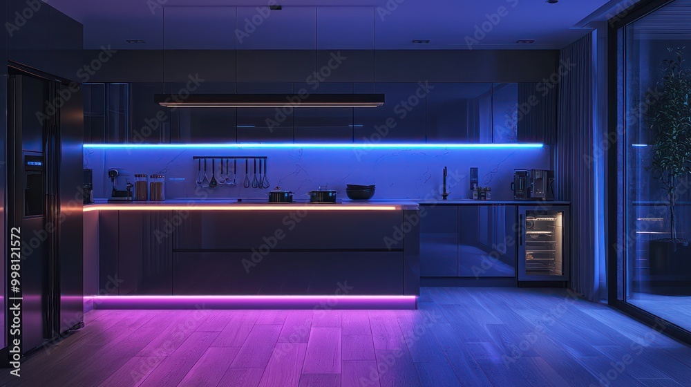A sleek and modern kitchen with neon under-cabinet lighting, high-gloss cabinetry, and a smart refrigerator