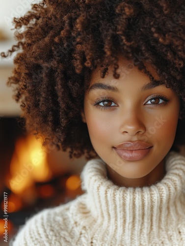 Cozy Winter Vibes - Young Woman sipping Coffee by Fireplace in Knitted Sweater | Warm Sepia Tones Fujifilm GFX 100S 85mm Lens