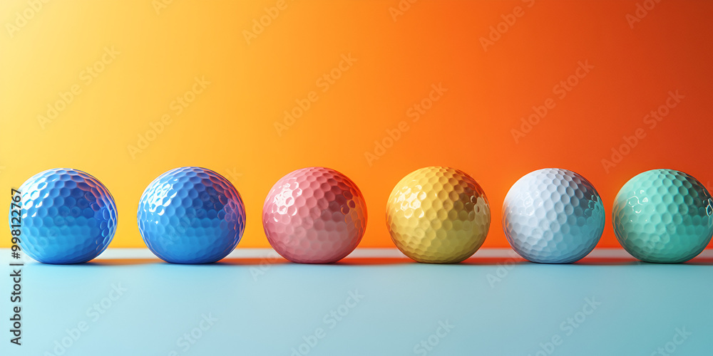 Colorful Textured Golf Balls on Reflective Surface Colorful Textured Golf Balls on Reflective Surface