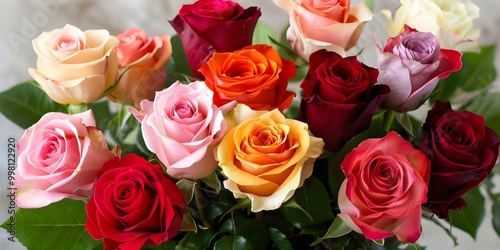 Natural background of beautiful pink orange white and red roses Fresh flowers 