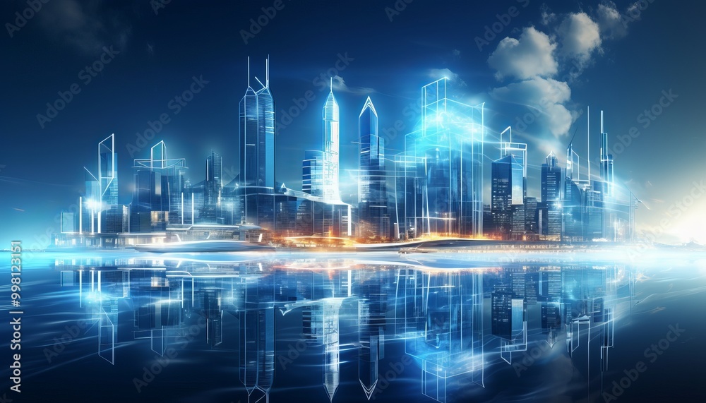 A glowing futuristic skyline reflecting in still water during twilight near a vibrant cityscape A glowing futuristic skyline reflecting in still water during twilight near a vibrant cityscape