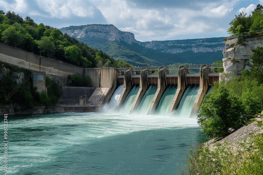 Powerful hydroelectric dam releasing water on a cloudy day, generating clean energy for the surrounding area Powerful hydroelectric dam releasing water on a cloudy day, generating clean energy for the surrounding area