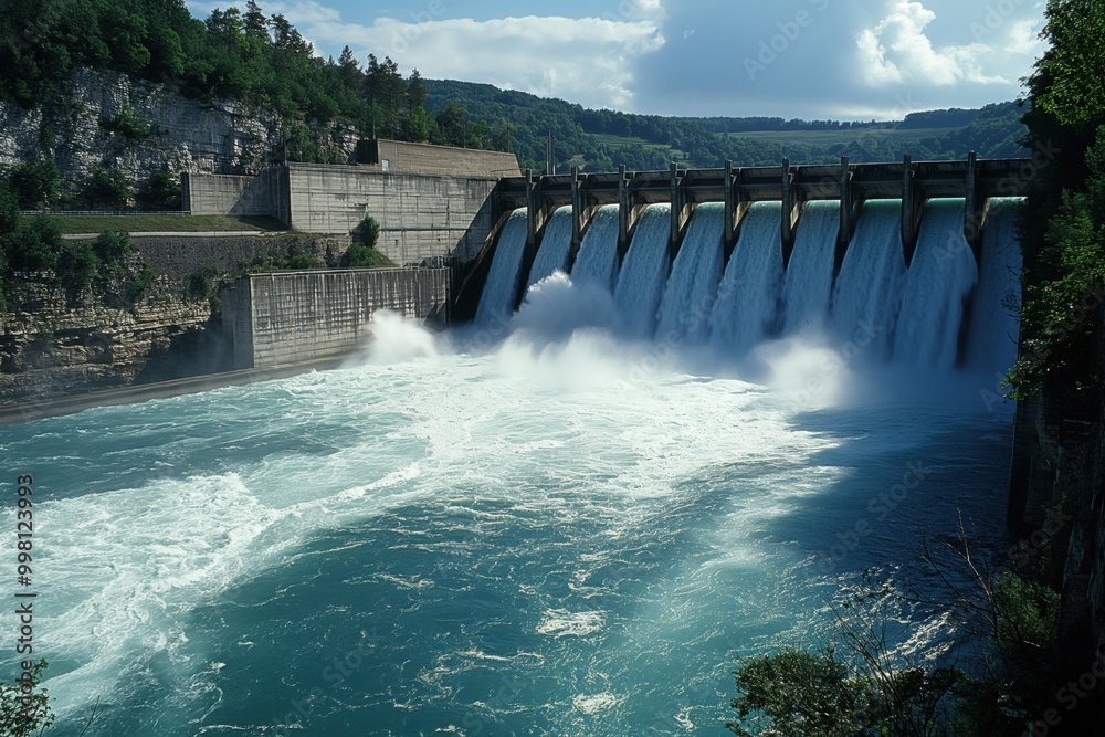 Powerful hydroelectric dam releasing water on a sunny day, generating clean energy Powerful hydroelectric dam releasing water on a sunny day, generating clean energy