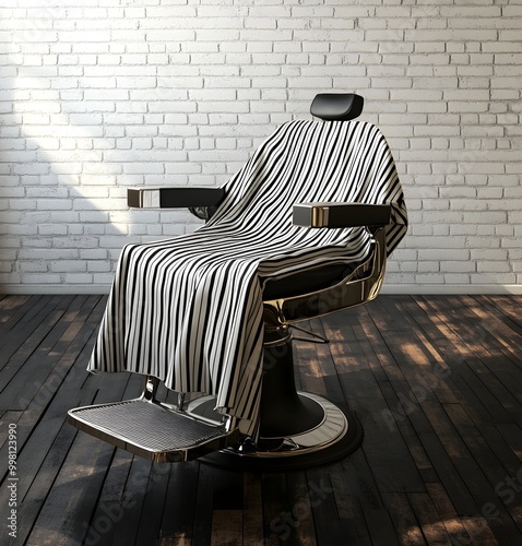 Classic Barbershop Setting with Striped Barber s Cape on Chair photo