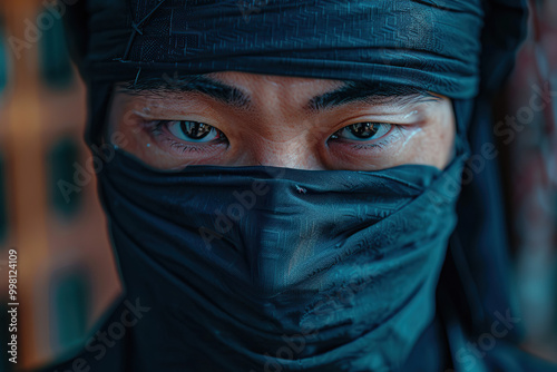 Japanese ninja warrior dressed in samurai clothes holding a sharp sword