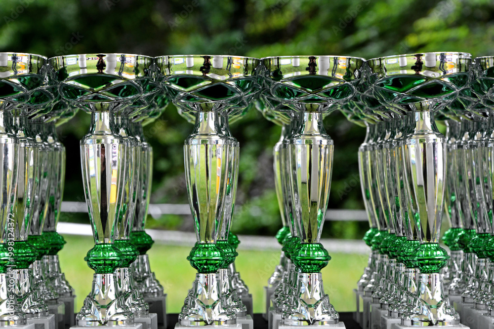 srebrne puchary w rzędach, zwyciezca, dzień dziecka, uroczystość, silver cups lined up in rows, Champion trophies lined up, trofea sportowe