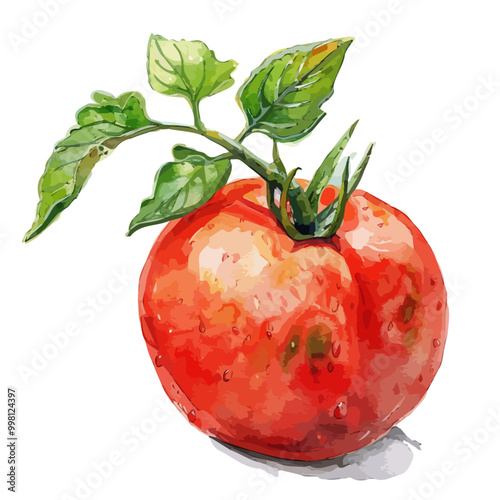 Watercolor painting of Tomato with leaves, isolated on a white background, and Tomato vector