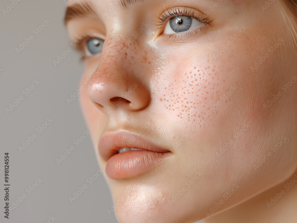 Close-Up Portrait of a Young Woman Embracing Imperfections: Acne on Cheeks Close-Up Portrait of a Young Woman Embracing Imperfections: Acne on Cheeks