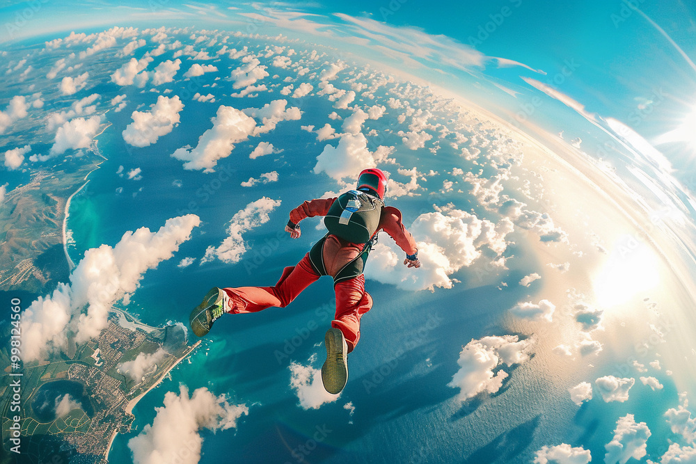 Parachutist with parachute makes heavenly adventure against backdrop of landscape Parachutist with parachute makes heavenly adventure against backdrop of landscape