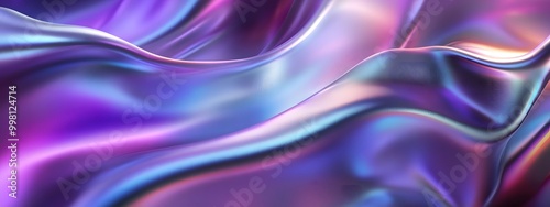 A close-up of an iridescent holographic satin cloth, with soft curves and gentle folds that undulate in the wind