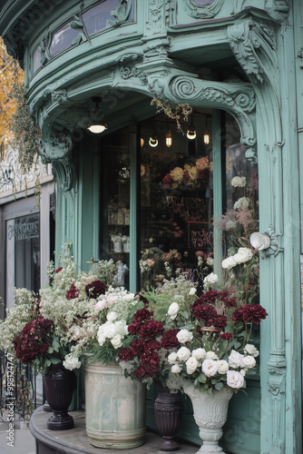 The photo of beautiful flower shop with different houseplants and flowers at the corner of street 
