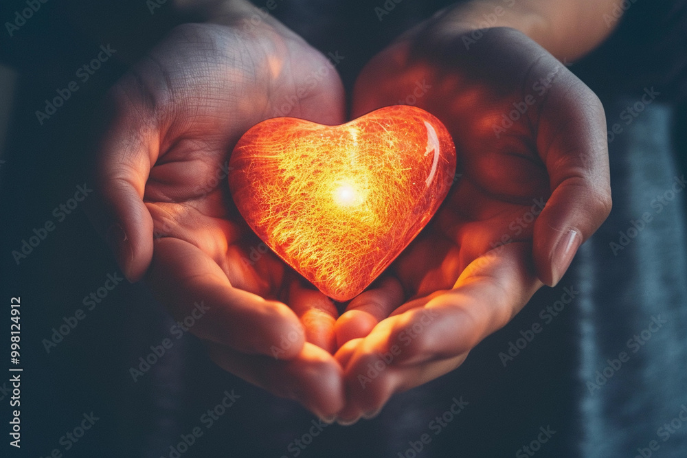 Beautiful decorative heart in strong human hands Beautiful decorative heart in strong human hands