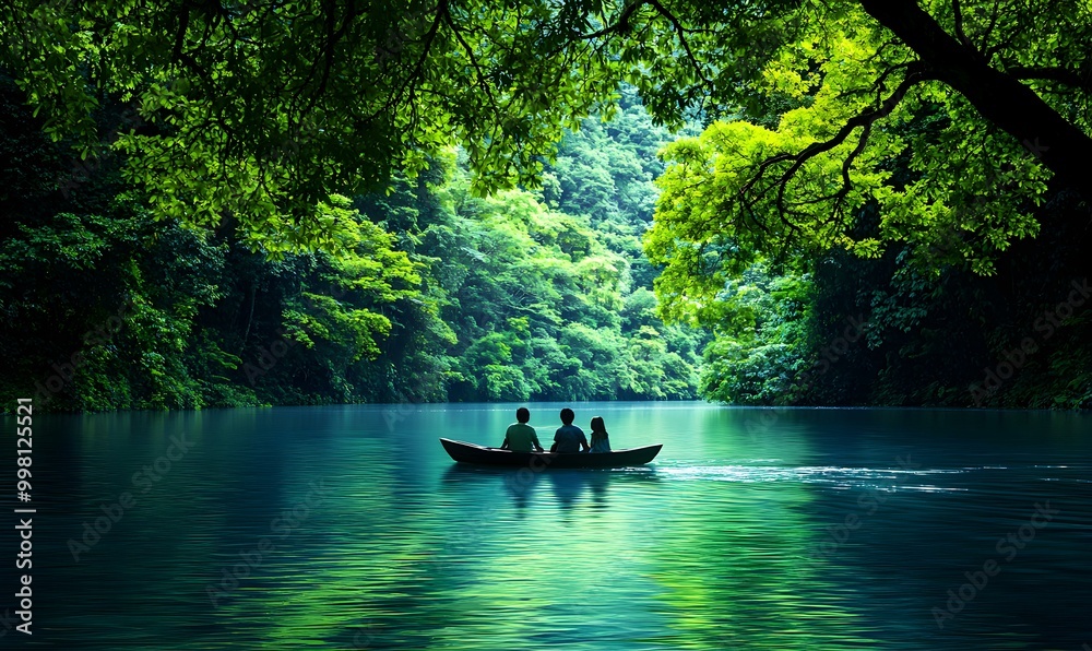 Family bonding, serene boat ride, gentle ripples on water, lush greenery surrounding, laughter echoes, peaceful afternoon escape. Family bonding, serene boat ride, gentle ripples on water, lush greenery surrounding, laughter echoes, peaceful afternoon escape.