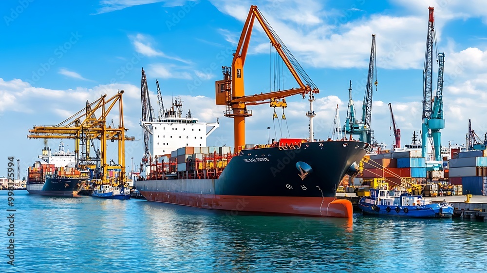 Fototapeta premium A busy industrial port with autonomous vehicles and efficient cargo management