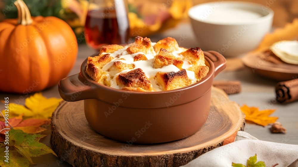 Warm Bread Pudding with Vanilla Sauce - Rustic Thanksgiving Dessert Surrounded by Fall Decor on Festive Table Setting Perfect for Holiday Celebrations and Family Gatherings Warm Bread Pudding with Vanilla Sauce - Rustic Thanksgiving Dessert Surrounded by Fall Decor on Festive Table Setting Perfect for Holiday Celebrations and Family Gatherings