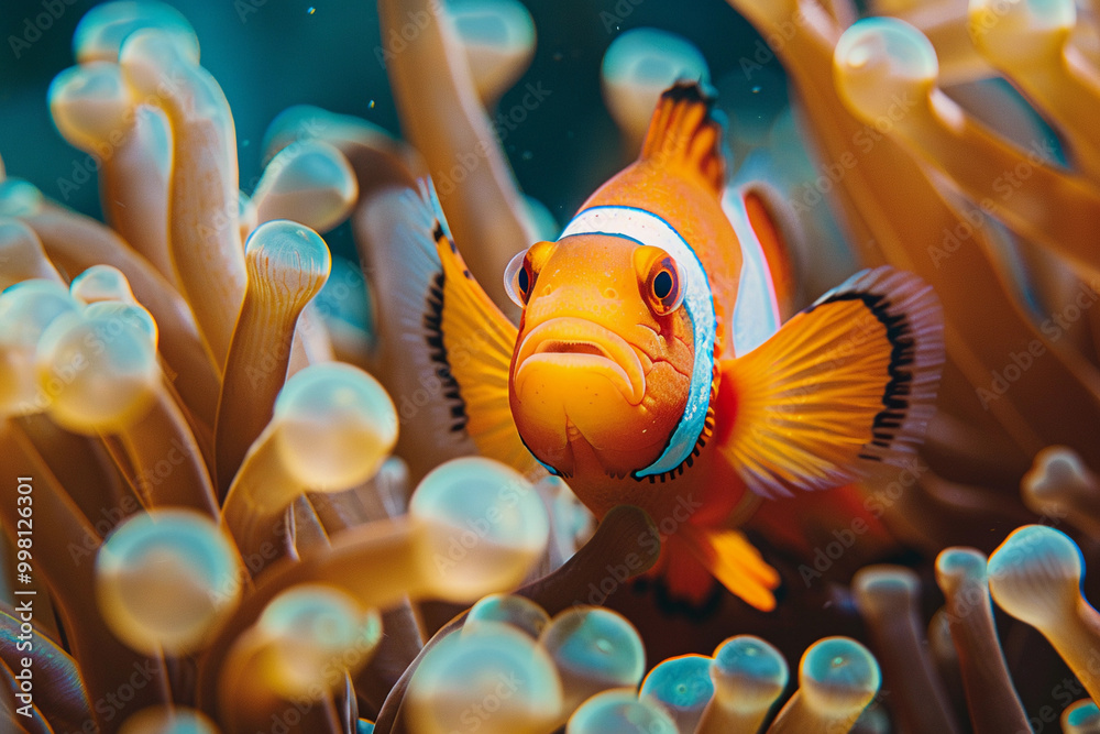 A fantastically beautiful bright clownfish swims in sea among the corals A fantastically beautiful bright clownfish swims in sea among the corals