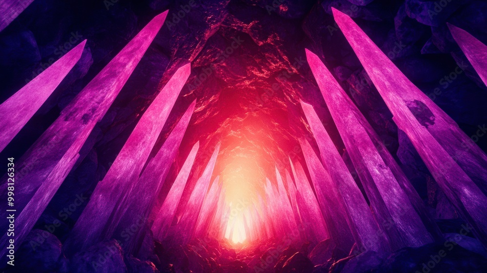 A vibrant tunnel of pink crystals illuminated by a warm light, creating a fantastical and mystical atmosphere. A vibrant tunnel of pink crystals illuminated by a warm light, creating a fantastical and mystical atmosphere.