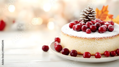 Cranberry Cake Delight - A Festive Thanksgiving Dessert with Tart Sweet Flavors Topped with Powdered Sugar and Fresh Cranberries for Holiday Celebrations photo