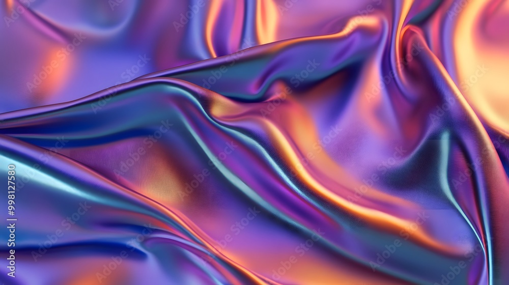 A close-up of an iridescent holographic satin cloth, with soft curves and gentle folds that undulate in the wind A close-up of an iridescent holographic satin cloth, with soft curves and gentle folds that undulate in the wind