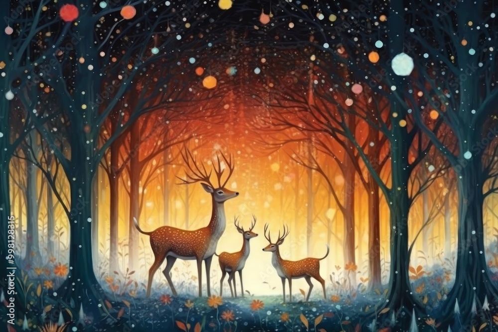 A serene forest scene with deer amid glowing lights and trees. A serene forest scene with deer amid glowing lights and trees.