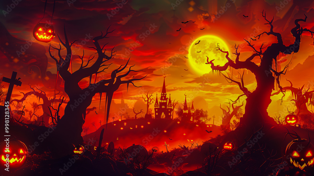 Spooky Halloween scene, glowing jack-o'-lanterns, fog, silhouette trees and orange sky background, AI generate. Spooky Halloween scene, glowing jack-o'-lanterns, fog, silhouette trees and orange sky background, AI generate.