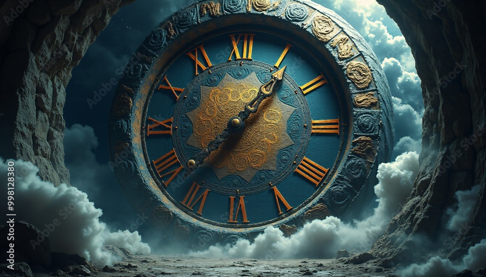 Obraz premium A massive, intricately carved clock face emerges from a swirling vortex of time. The clock hands are made of swirling galaxies