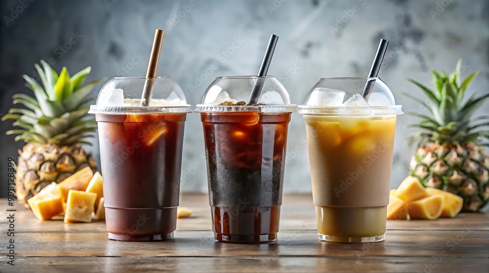 Three Iced Coffee Cups with Straws Mockup on White Background Three Iced Coffee Cups with Straws Mockup on White Background