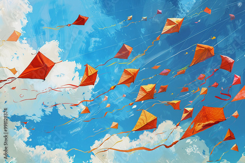 Beautiful greeting card with colorful kites soaring high above vibrant sky to holiday composition