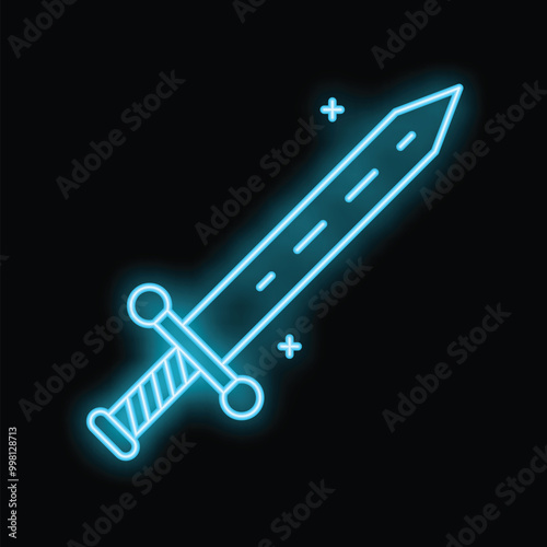 Bright neon blue sword glowing on a black background