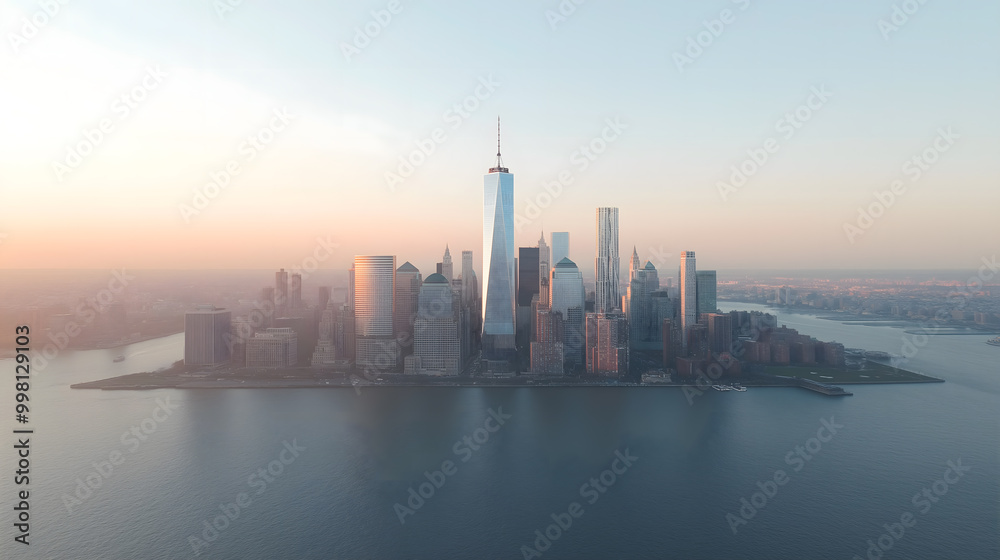 Fototapeta premium Aerial View of New York City Skyline at Dusk: Iconic Skyscrapers and Statue of Liberty