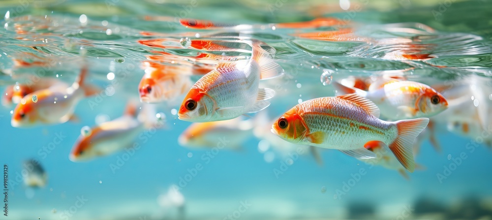 Colorful goldfish swimming gracefully in a clear blue aquarium during daylight hours