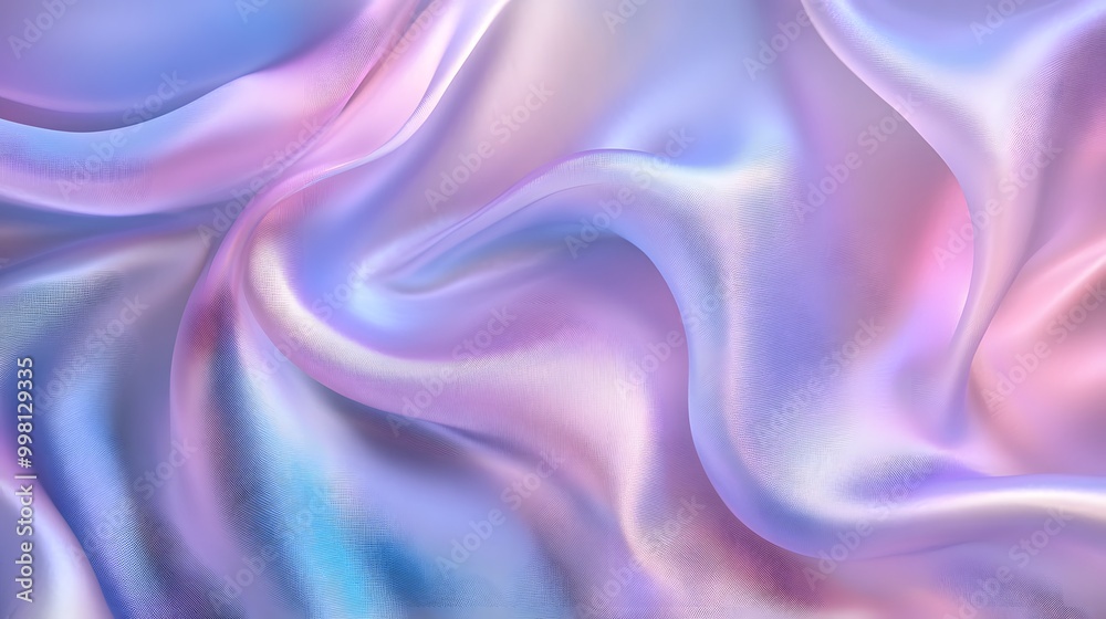 Obraz premium A close-up of an iridescent holographic satin cloth, with soft curves and gentle folds that undulate in the wind