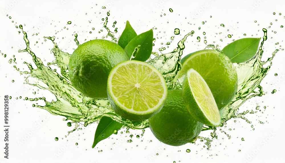 lime with water drops. fresh limes splashing with leaves. Cut out 