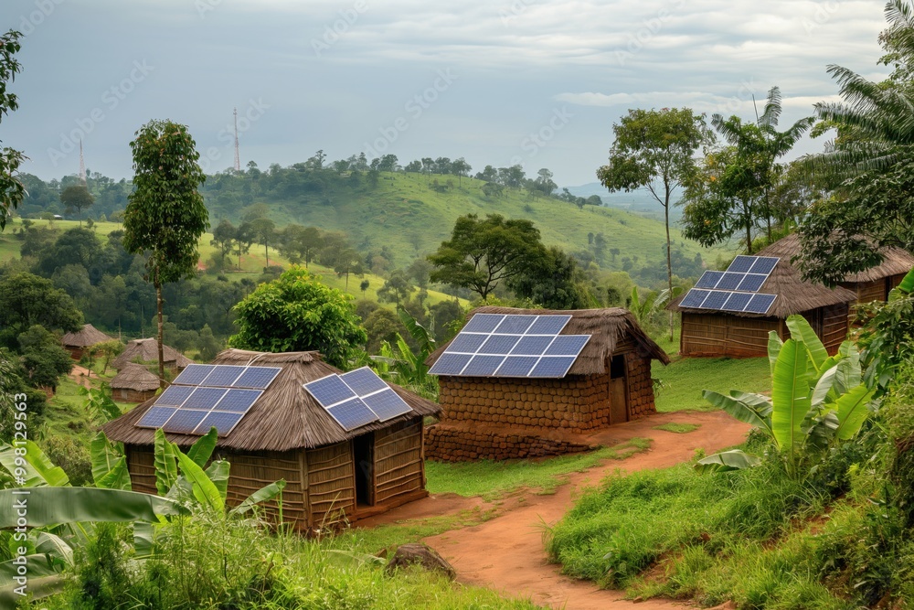 Solar panels are providing electricity to a small village in a remote area of Africa Solar panels are providing electricity to a small village in a remote area of Africa
