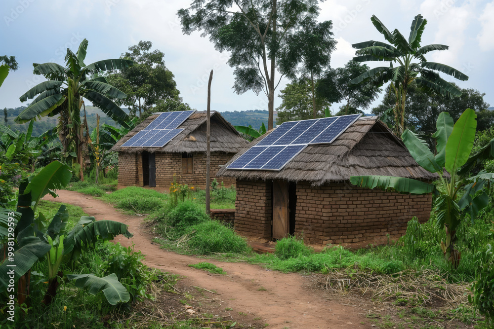 Two rural homes with thatched roofs equipped with solar panels, providing sustainable electricity in a remote village Two rural homes with thatched roofs equipped with solar panels, providing sustainable electricity in a remote village