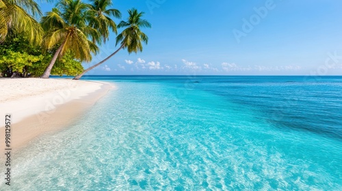 Idyllic tropical beach with clear turquoise water and palm trees under a bright blue sky.