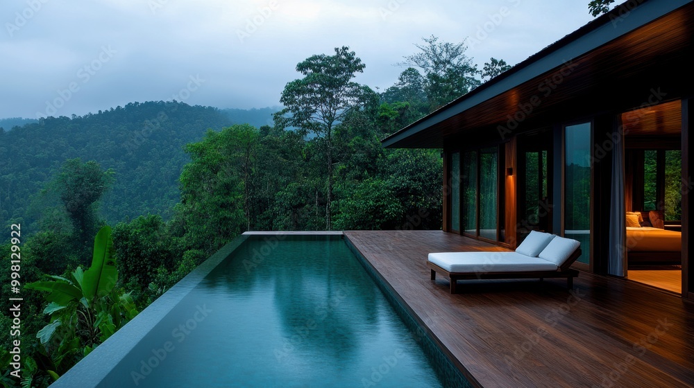 Fototapeta premium Luxurious villa with infinity pool overlooking lush green mountains, perfect for relaxation and tranquility.